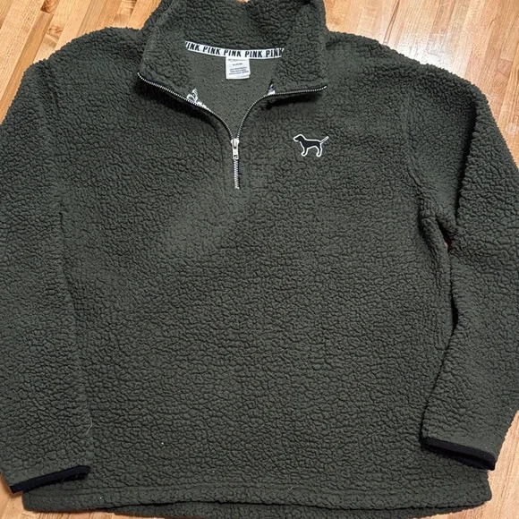 PINK Victoria's Secret Forest Green Sherpa Quarter Zip M - Picture 1 of 7
